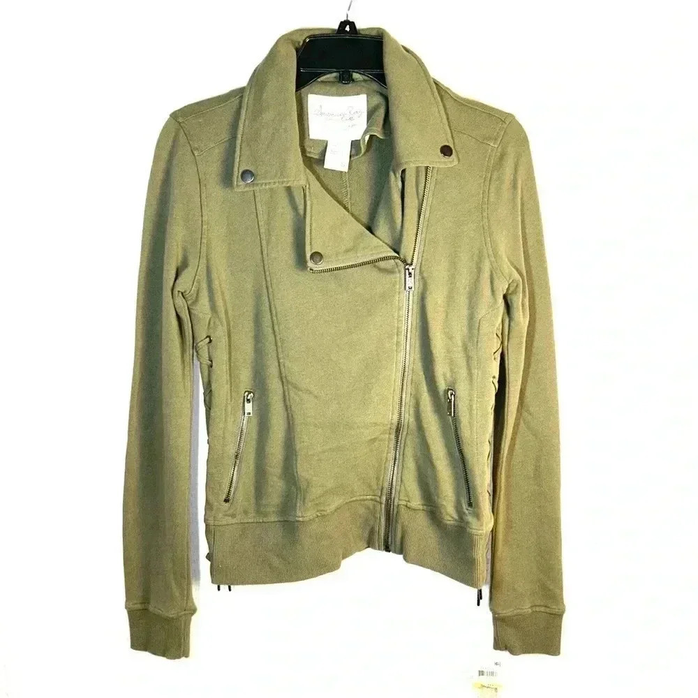 NEW American Rag Womens Small Moto Jacket Green Size Asymmetrical Zip Front Edgy